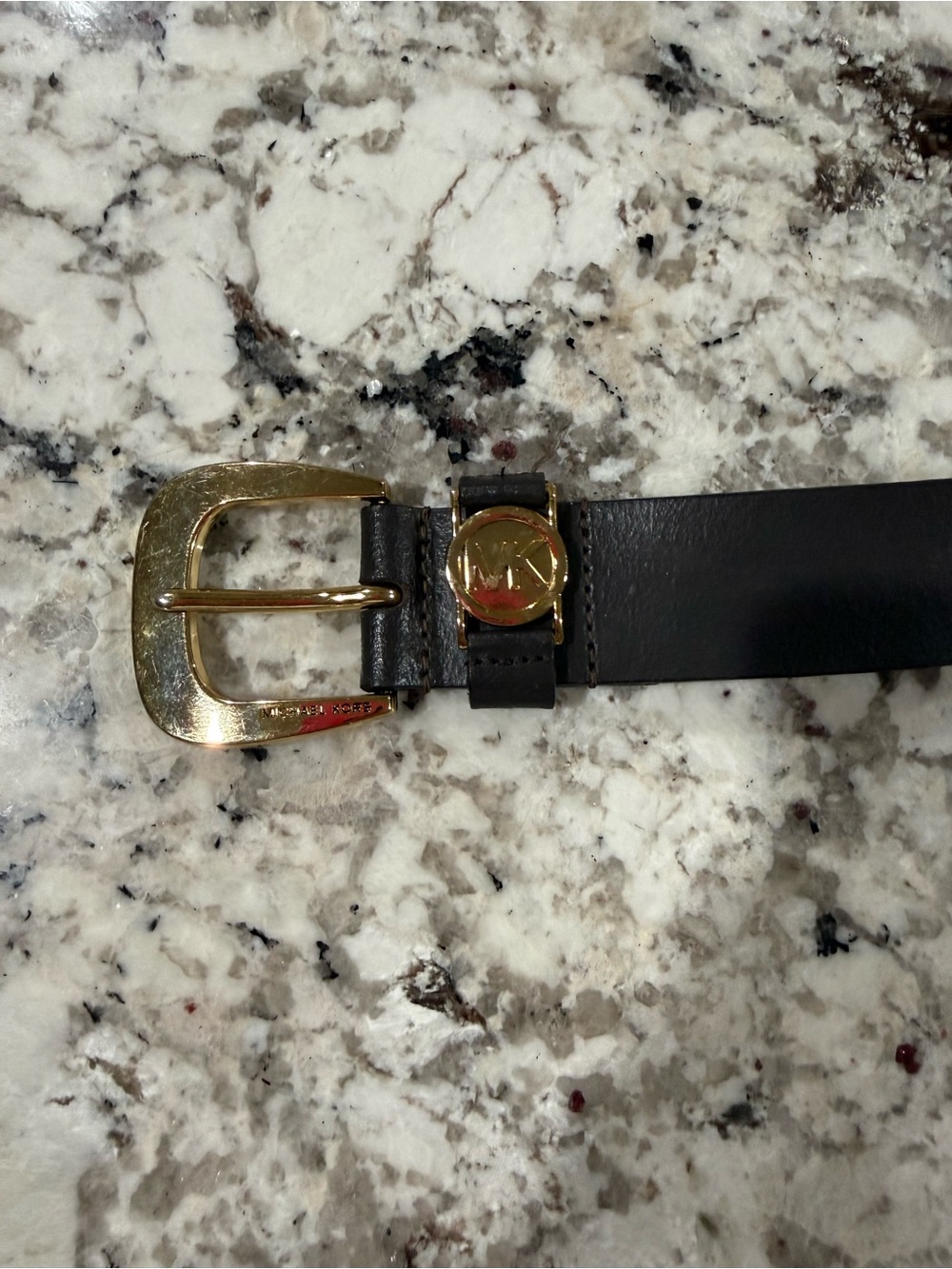 Michael Kors Black Leather Belt with Gold-Tone MK Buckle